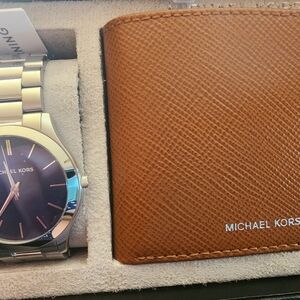 Michael Kors Silver Watch and Brown Wallet Set